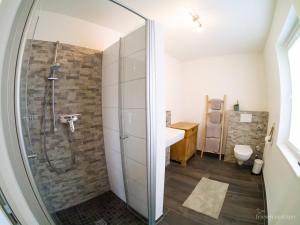 a bathroom with a shower and a sink at friesen-nest-spo in Böhl