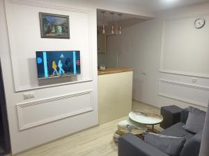 a living room with a couch and a tv on a wall at ENEA Boutique Apartment in Goris