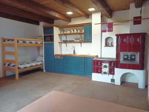 a kitchen with blue cabinets and a stove in a room at Vejměnek Tuchonice in Žimutice
