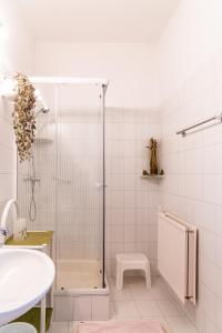 a bathroom with a shower and a sink at Magdalena Apartmanház in Keszthely +29 photos