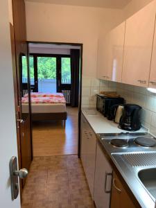 a kitchen with a sink and a room with a bed at Panoramahaus 5105 in Bad Reichenhall