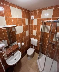 łazienka z toaletą, umywalką i prysznicem w obiekcie König Hotel w mieście Pecz