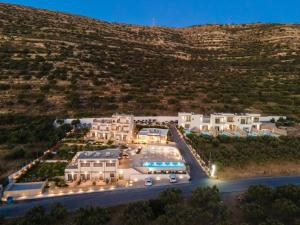 an aerial view of a building with a mountain in the background at Diamond Star Hotel in Falasarna
