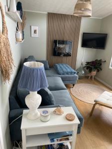 a living room with a couch and a table with a lamp at Cosy private Chalet in Tywyn