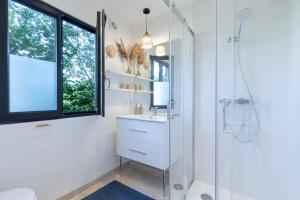 a bathroom with a shower and a sink and a mirror at La Cabane Ô Rêves in Genouilleux +11 photos