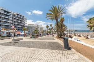 a sandy beach with palm trees and buildings and the ocean at Apto Veracruz in Playa de las Americas
