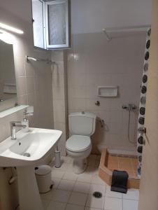 Un baño con inodoro, lavabo y ducha. en MirkasHouse, en Limenas