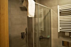 un bagno con doccia con box doccia in vetro di Nadwiślańska Apartments - Lipowa, 11km od Zator, Energylandia a Zator Altre 37 foto