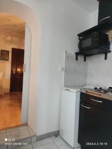 a kitchen with a stove and a white refrigerator at Apartman Nata in Zlarin +8 photos