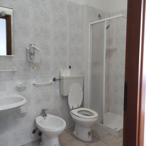 a bathroom with a toilet and a shower and a sink at Green House Oasi Fiume Alento in Prignano Cilento