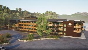 a rendering of a resort building with trees and mountains at Dyreparken Safarihotell in Kristiansand