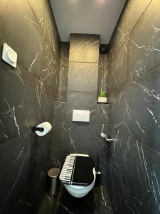 ein Bad mit einem WC und einer schwarz gefliesten Wand in der Unterkunft Rachelle in Blankenberge