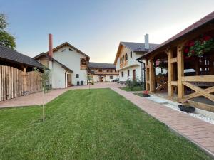 a courtyard of a house with a green lawn at Pensiunea Valea Muntelui in Bîrsana