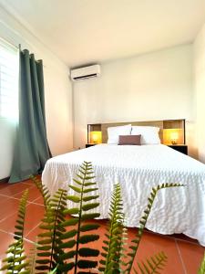 a bedroom with a large white bed and plants at T2 calme proche ville, Montabo in Cayenne