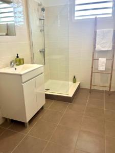 a bathroom with a shower and a sink and a tub at T2 calme proche ville, Montabo in Cayenne