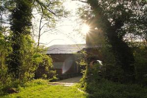 a house with the sun shining on the roof at Modernes Tiny House in historischem Ambiente in Neu Kaliß +8 photos
