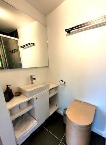 a bathroom with a sink and a mirror at Modernes Tiny House in historischem Ambiente in Neu Kaliß