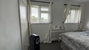 a bedroom with a bed and two windows at Romford Cozy Retreat in Romford