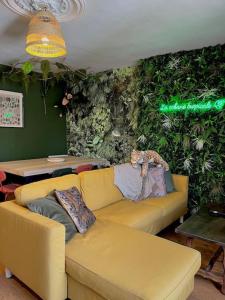 a living room with a yellow couch and a green wall at La cabane tropicale in Pontorson