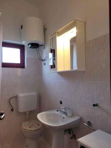 łazienka z umywalką, toaletą i lustrem w obiekcie Apartment Valbandon, Istia 3 w mieście Fondole
