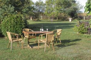 a wooden table with four chairs around it in the grass at Ferienhaus Retzow in Rechlin +4 photos