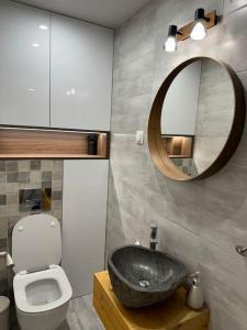 baño con lavabo negro y aseo en Modern Vitosha Maisonette with Garage, en Sofía 14 fotos más