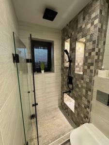 un baño con ducha y WC en Modern Vitosha Maisonette with Garage, en Sofía