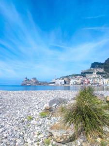 a rocky beach with a town in the background at Ca del Sole - FREE Parking in La Spezia