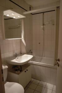 ein Badezimmer mit Waschbecken, Dusche und Toilette in der Unterkunft Ferienhaus Ostfriesland im Teichweg in Berumbur