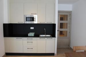 a kitchen with a microwave and a tv on a counter at Apartamentos Rego Foz in Foz