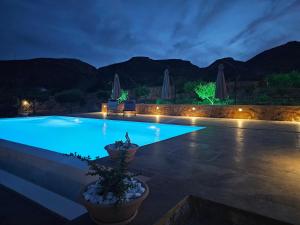 a swimming pool at night with lights on a patio at Studio Καρπώ Karpo in Galaxidi