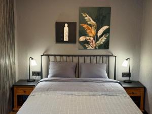 una camera con un letto con due lampade e un quadro di Little green studio in Maardu a Maardu
