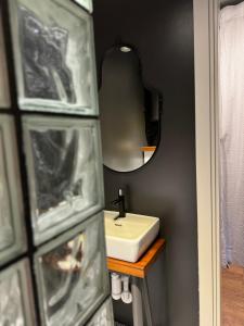 un bagno con lavandino e specchio di Little green studio in Maardu a Maardu