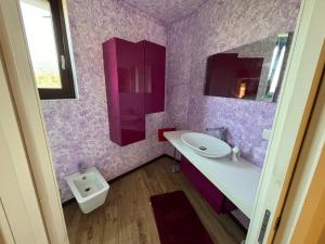 a purple bathroom with a sink and a urinal at Casa Vacanze Al Cielo 2 in Sarnano +13 photos