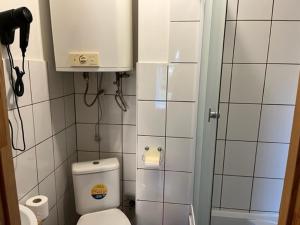 a small bathroom with a toilet and a phone at Ostsee Apartments in Ventspils