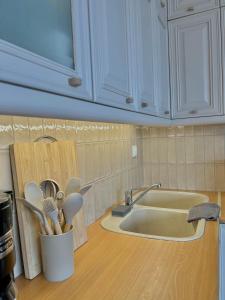 a kitchen counter top with a sink and a counter top at Iris Sunset View Home in Samos