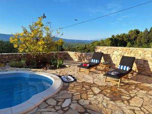 a patio with two chairs and a swimming pool at Holiday house "Acacia", for two with pool, Dol in Stari Grad