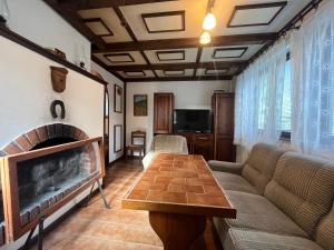 a living room with a couch and a fireplace at Chata Radužel in Bavorov