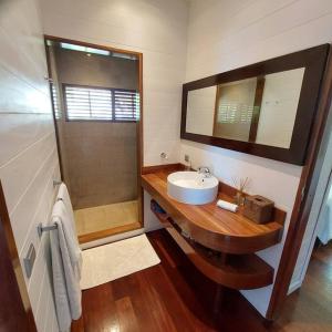 un bagno con lavandino e doccia con specchio di 180 Degree Stunning Ocean Views in Entirely Equipped Villa! a Papetoai