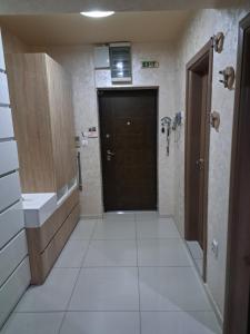 a bathroom with a shower and a black door at Nena Apartment in Kumanovo