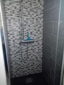 ein Bad mit einer Dusche mit blauem Duschkopf in der Unterkunft location bord de mer La Plaine sur mer in La Plaine-sur-Mer + 8 Fotos