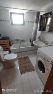 a bathroom with a toilet a sink and a washing machine at Traditional village house in Kleió