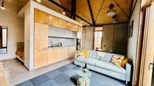 NadapにあるZengő 11 Kékfrankos apartman, Nadapのソファとキッチンのあるリビングルーム