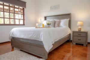 a bedroom with a large white bed and a window at Country house, Cozy Fireplace and an amazing view in Cartago