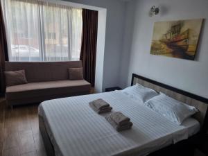 una camera da letto con un letto, un divano e una finestra di Studio Sat Vacanta Free parking a Constanţa