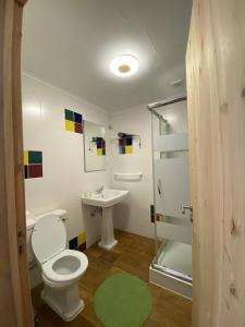 a bathroom with a toilet and a sink and a shower at Casa Pavão in Pilar +51 photos