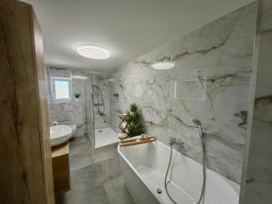 a bathroom with a tub and a shower and a sink at Green View Apartment in Vrh +24 photos
