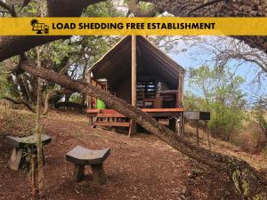 SkeerpoortHideout River View Tent的一根树枝放在一栋有长凳的建筑物上