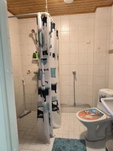 a bathroom with a shower curtain and a toilet at Oravamökki in Sotkajärvi +9 photos