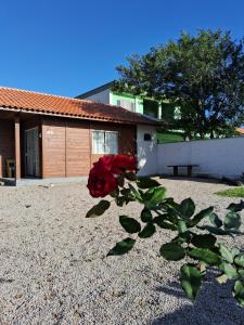 a red rose sitting in front of a house at Chalés Lar Doce Mar Camacho SC in Jaguaruna